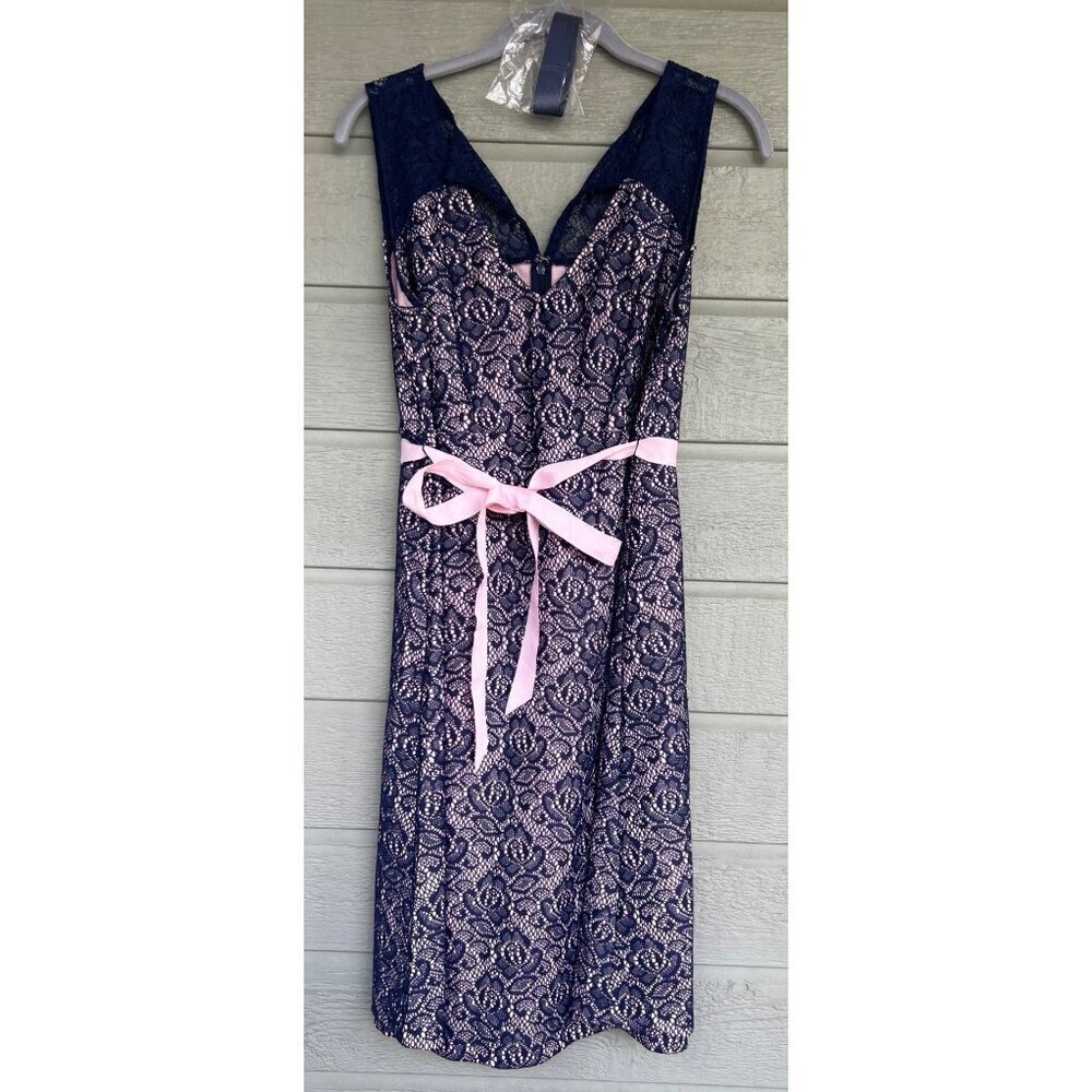Motherhood Maternity Womens Lace Overlay Dress Size Medium Pink and Blue Ribbon